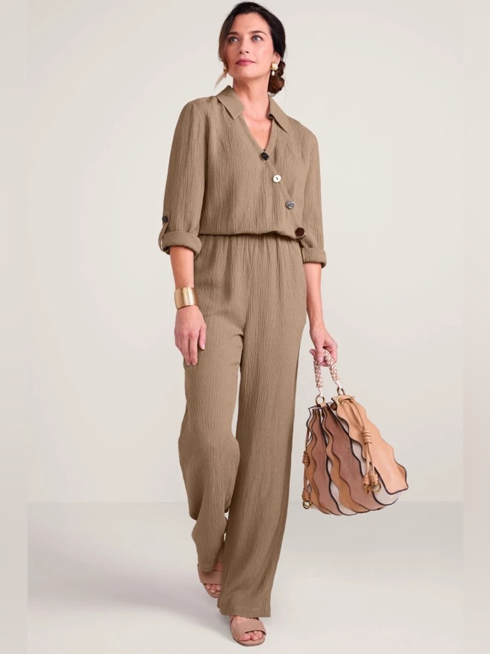 Soft Surroundings Taupe Wide-Leg Jumpsuit Petite Large NWT
